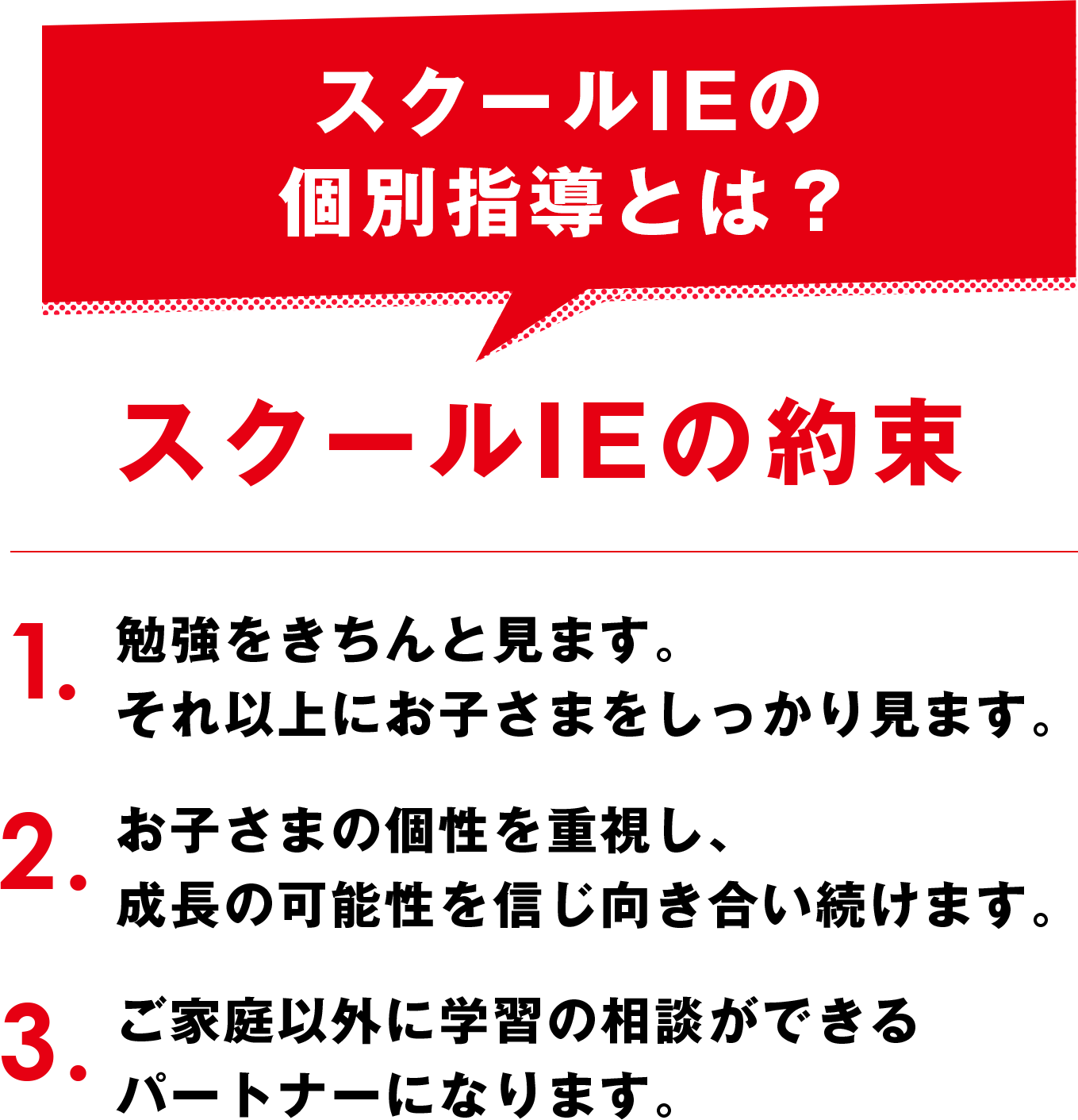 スクールIEの個別指導とは？ スクールIEの約束 1.勉強をきちんと見ます。それ以上にお子さまをしっかり見ます。2.お子さまの個性を重視し、成長の可能性を信じ向き合い続けます。3.ご家庭以外に学習の相談ができるパートナーになります。